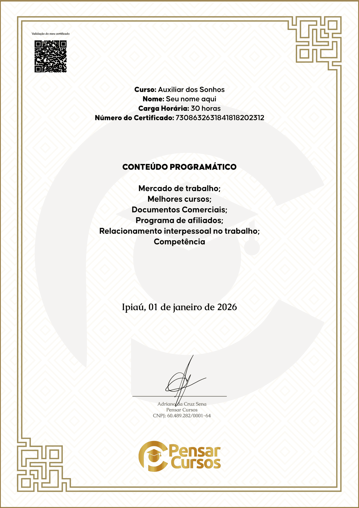 Verso do Certificado