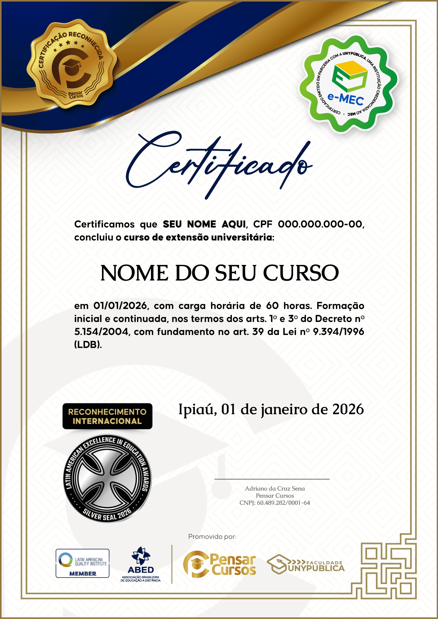 Modelo do certificado com Selo MEC