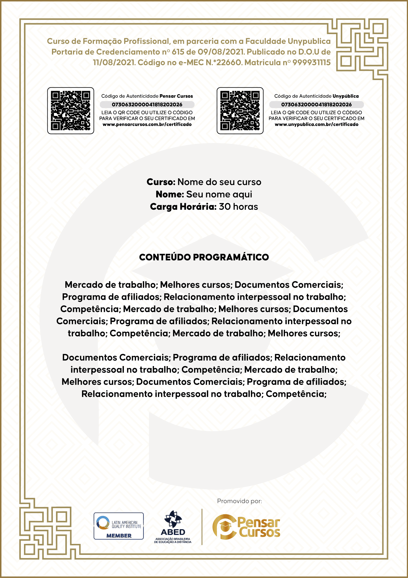 Verso do certificado, com os dois códigos de autenticidade
