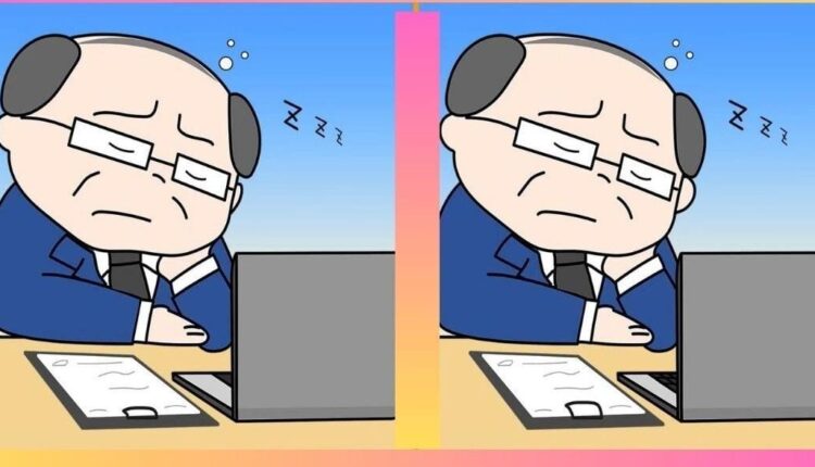 Encontre os erros entre a imagem do homem dormindo no trabalho em apenas 10 segundos para concluir esse teste visual