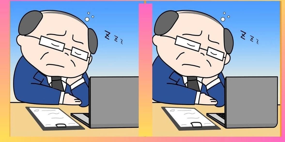 Encontre os erros entre a imagem do homem dormindo no trabalho em apenas 10 segundos para concluir esse teste visual