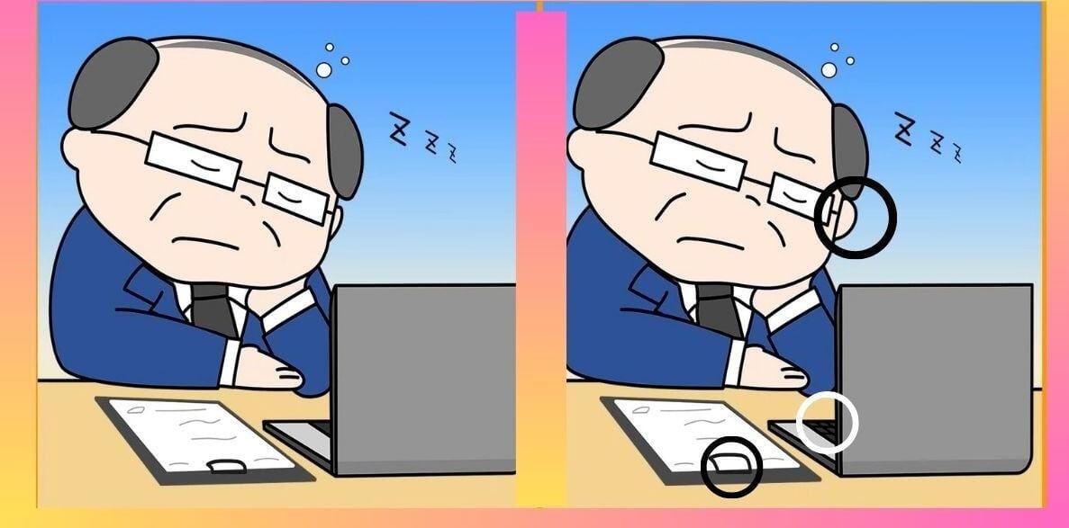 Encontre os erros entre a imagem do homem dormindo no trabalho em apenas 10 segundos para concluir esse teste visual