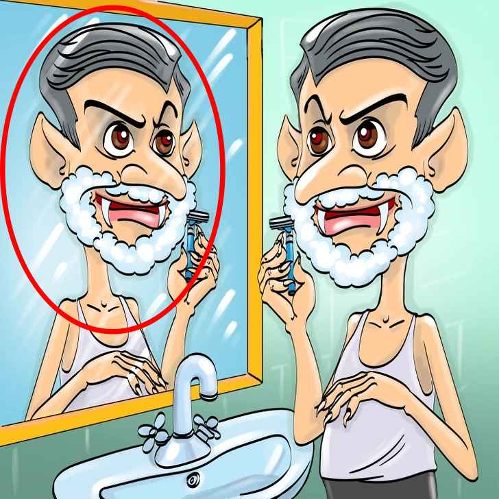 A imagem em questão mostra um vampiro que parece estar fazendo sua barba diante de um espelho. 