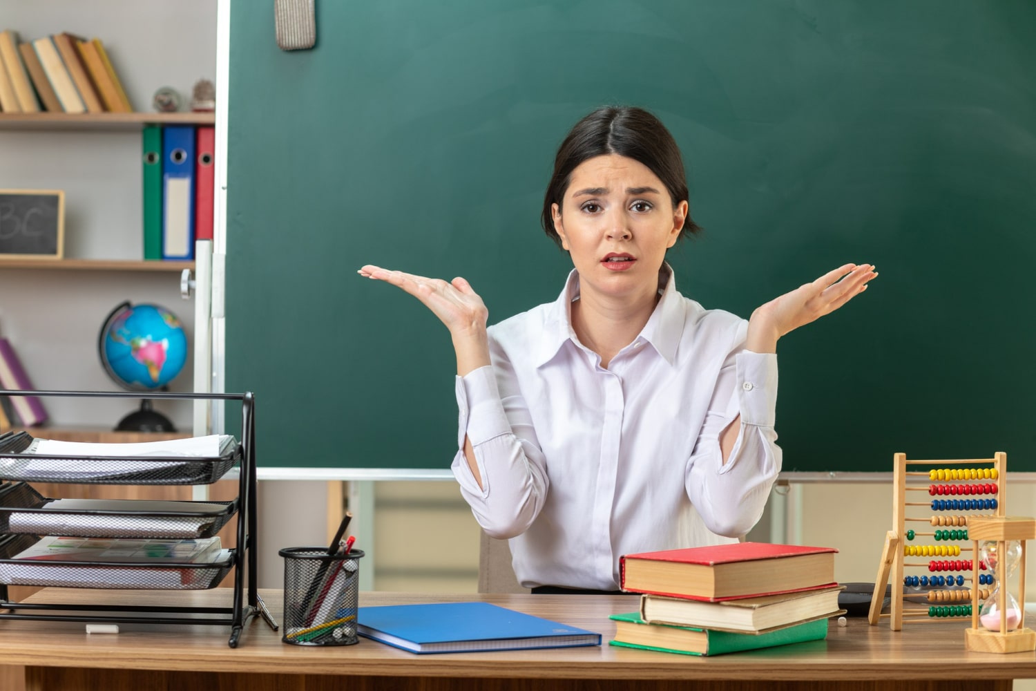 Mulher em um ambiente de sala de aula, com uma expressão de dúvida, ilustrando a confusão entre as palavras 'comprimento' e 'cumprimento'.