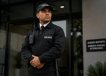 Vigilante uniformizado em frente a prédio realizando serviço de segurança.