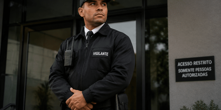 Vigilante uniformizado em frente a prédio realizando serviço de segurança.