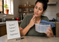 Mulher pensativa segura pote plástico, caderno mostra variações e Tupperware na cozinha, simbolizando a dúvida de como escreve o nome corrretamente.