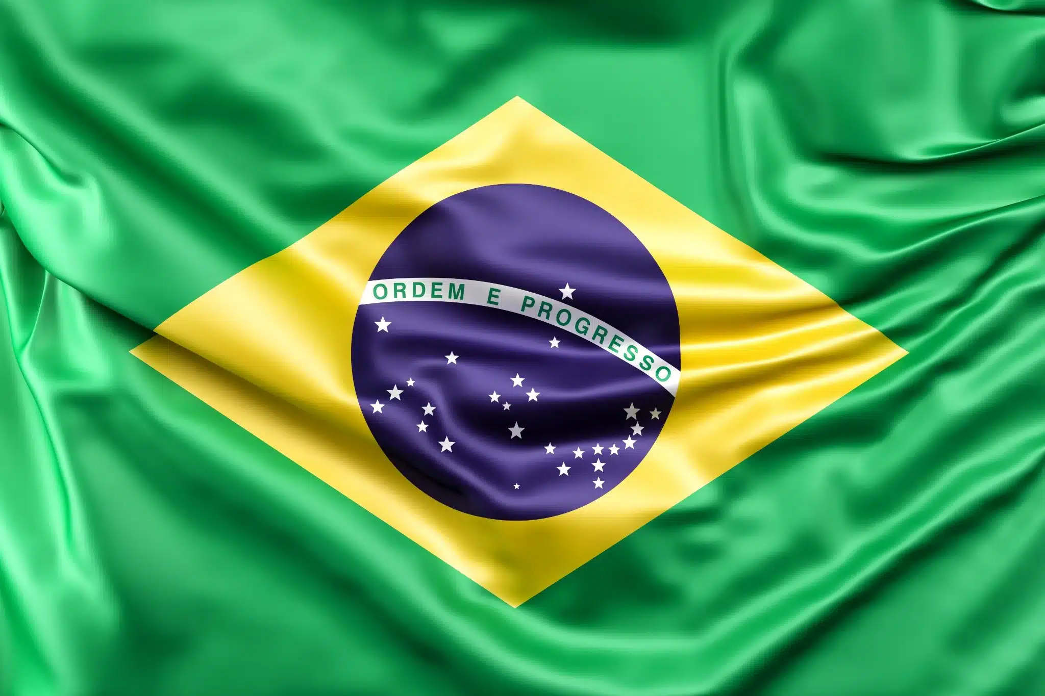 Bandeira do Brasil com fundo verde e detalhes em amarelo e azul.
