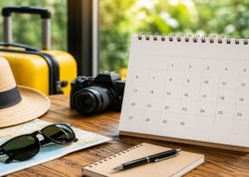 Calendário de mesa ao lado de mala amarela, chapéu, câmera, mapa e óculos de sol sobre uma mesa de madeira, cena que representa o planejamento do próximo feriado prolongado de 2026