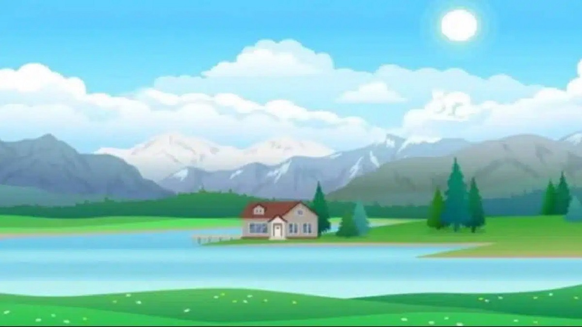 Paisagem ilustrada com casa à beira de um lago, montanhas ao fundo e céu azul