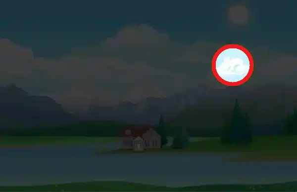 Solução do desafio visual com a paisagem ilustrada com casa à beira de um lago, montanhas ao fundo e céu azul