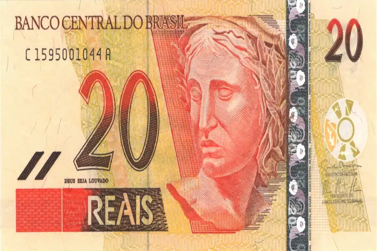 Cédula de 20 Reais, frente, com a imagem de Efígie da República Brasileira