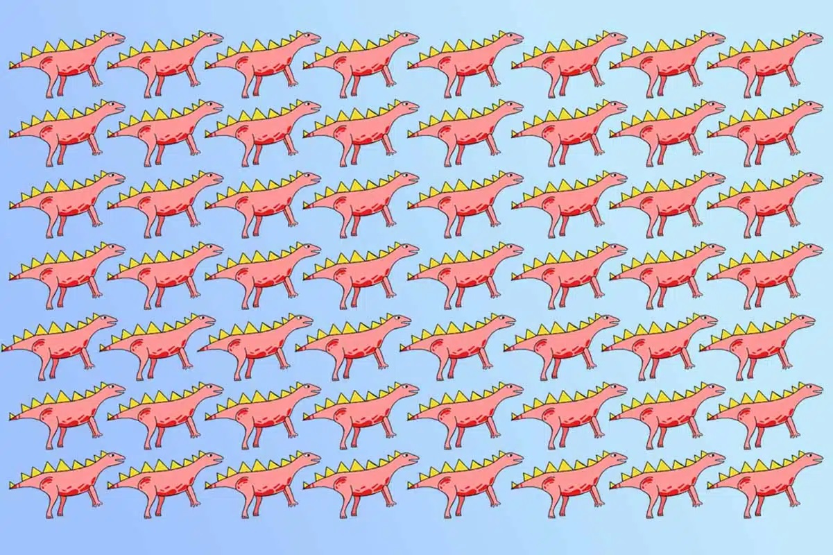 Imagem com vários dinossauros e um deles diferente
