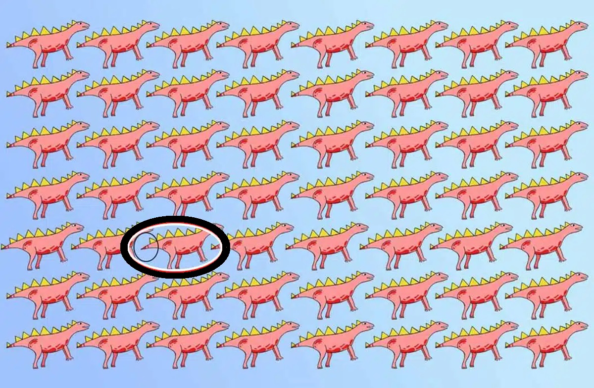 Solução do desafio visual imagem com vários dinossauros e um deles diferente
