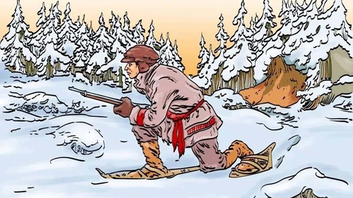 Ilustração de caçador na neve com um animal camuflado na paisagem