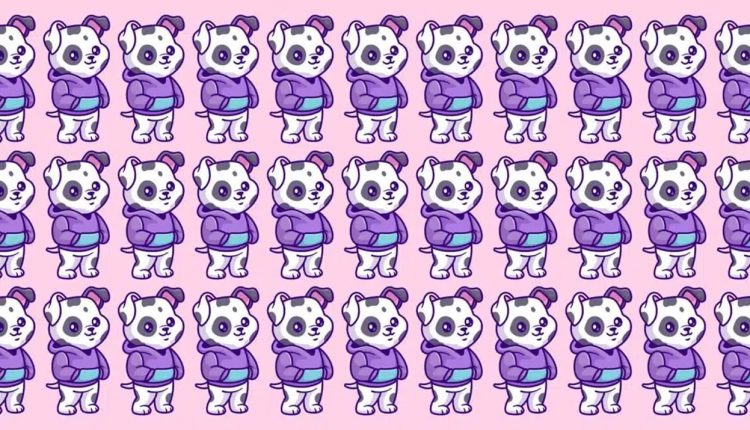 Desafio visual ilustração repetitiva de cachorros com moletom roxo em um fundo rosa, com pequenas diferenças escondidas.