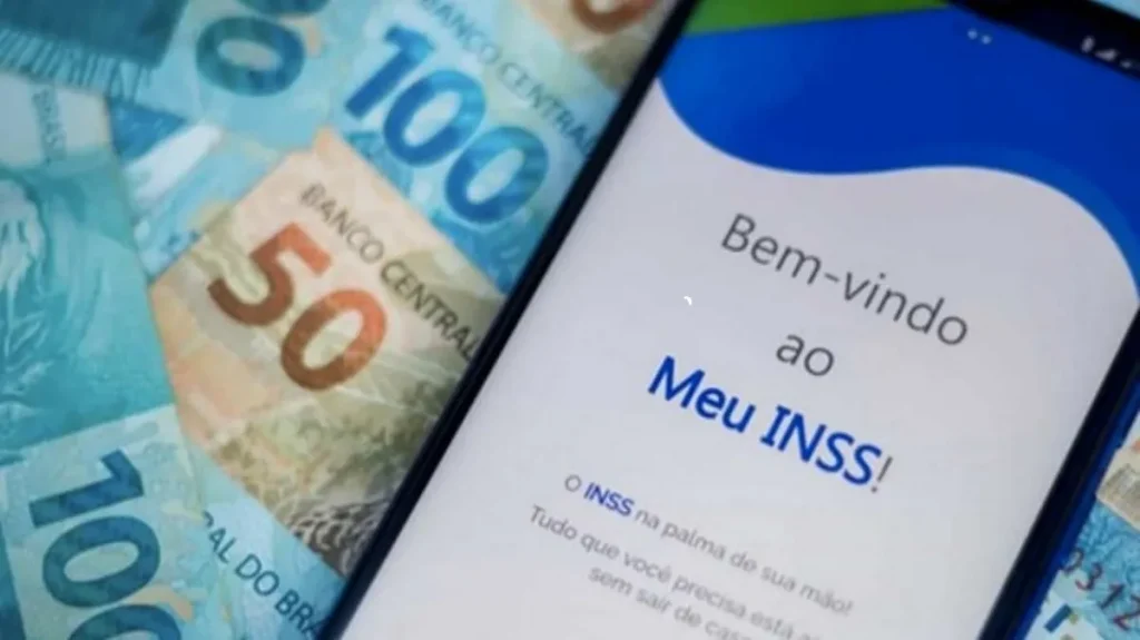 Tela do aplicativo Meu INSS, com cédulas de dinheiro ao fundo, representando a consulta de datas de pagamento.