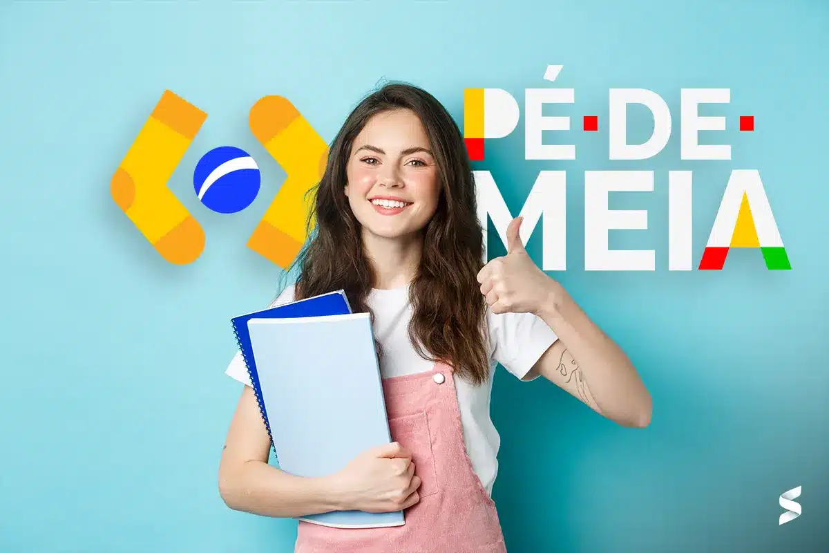 Estudante feliz com o material escolar, destacando o programa Pé-de-Meia, com fundo colorido e o logo do programa