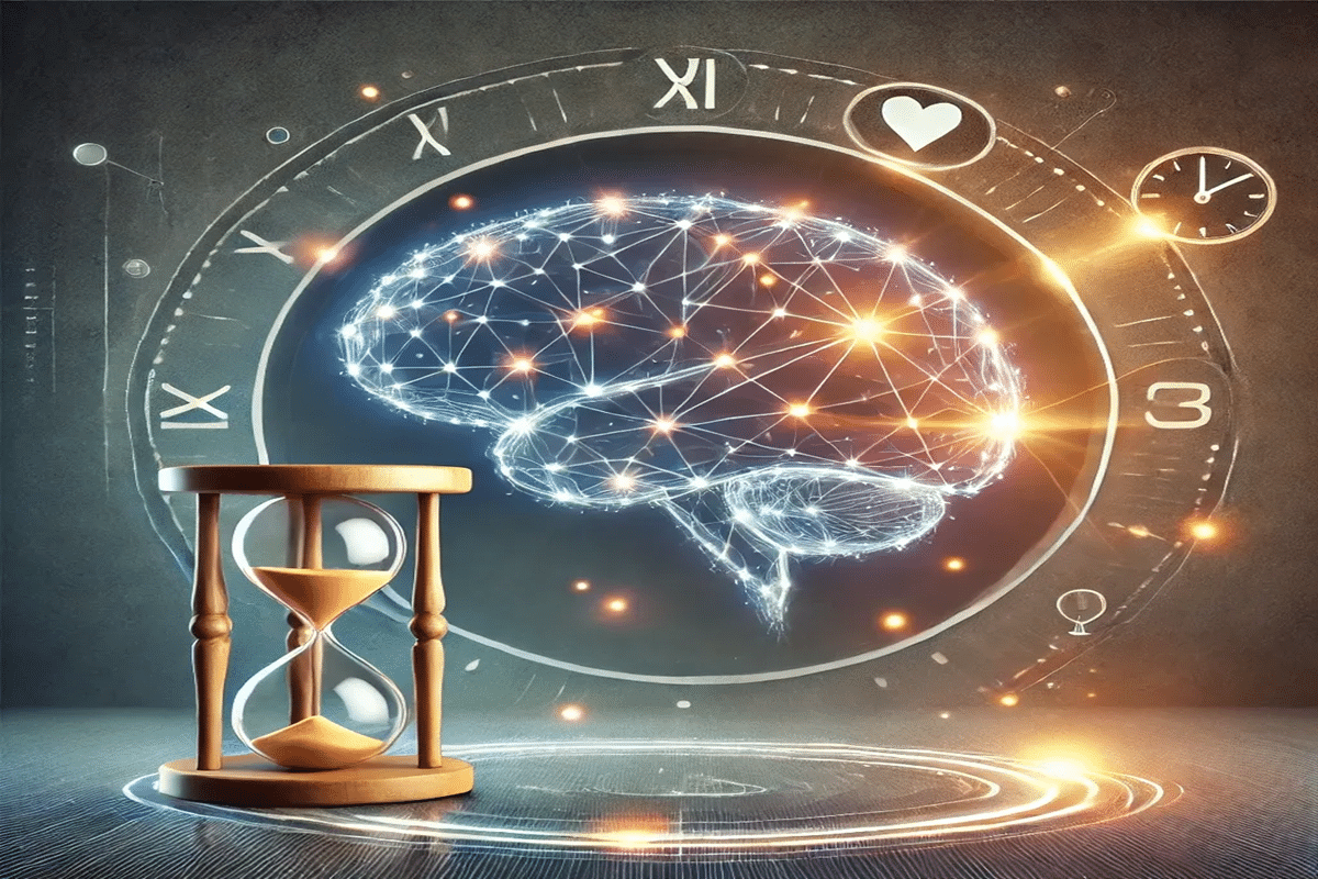 : Ilustração conceitual de um cérebro com conexões neurais brilhantes e um relógio ao fundo, simbolizando a formação de hábitos e o impacto do tempo no cérebro