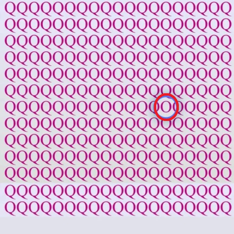 Solução do desafio visual com várias letras Q e uma diferente escondida