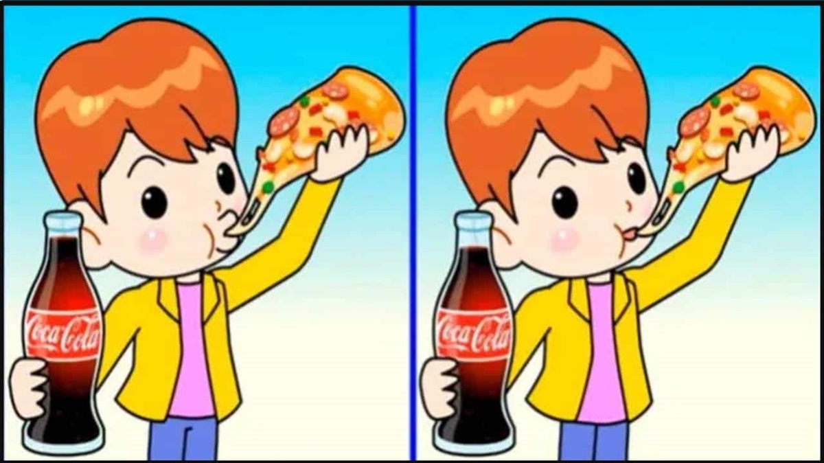 Ilustração de um menino comendo pizza e segurando uma garrafa de Coca-Cola, em um jogo de encontrar diferenças.