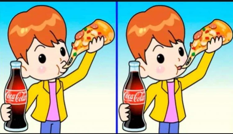 Teste de QI com ilustração de um menino comendo pizza e segurando uma garrafa de Coca-Cola, em um jogo de encontrar diferenças.