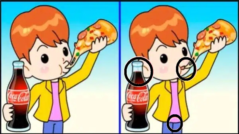 Solução do teste de QI com ilustração de um menino comendo pizza e segurando uma garrafa de Coca-Cola, em um jogo de encontrar diferenças.
