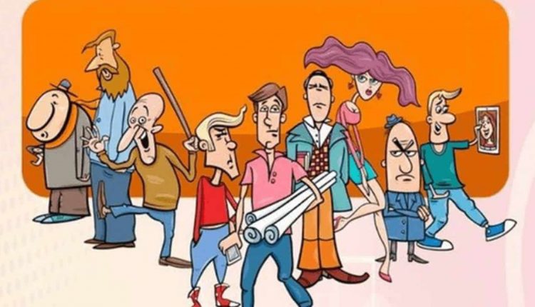 Ilustração de um grupo de personagens em um desafio visual com diferenças escondidas.