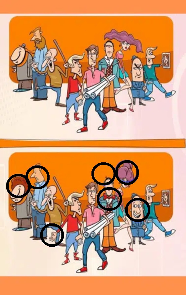 Solução da ilustração de um grupo de personagens em um desafio visual com diferenças escondidas.
