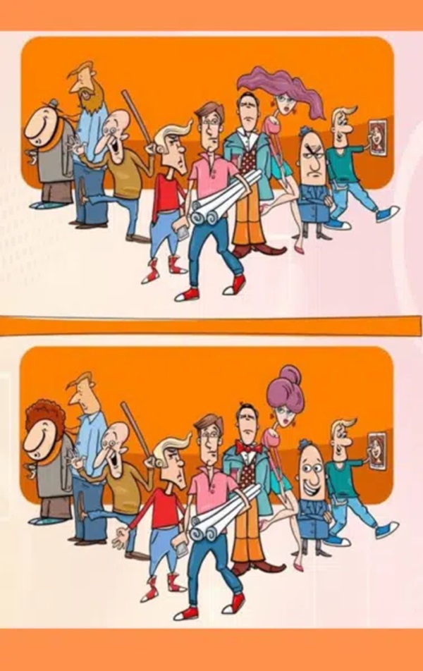 Ilustração de um grupo de personagens em um desafio visual com diferenças escondidas.