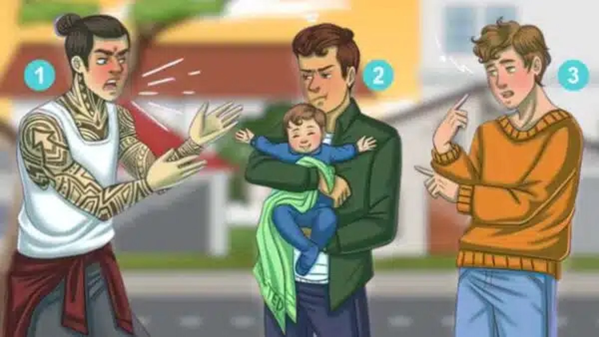 Três homens discutindo sobre a paternidade de um bebê sorridente em um desafio lógico visual.