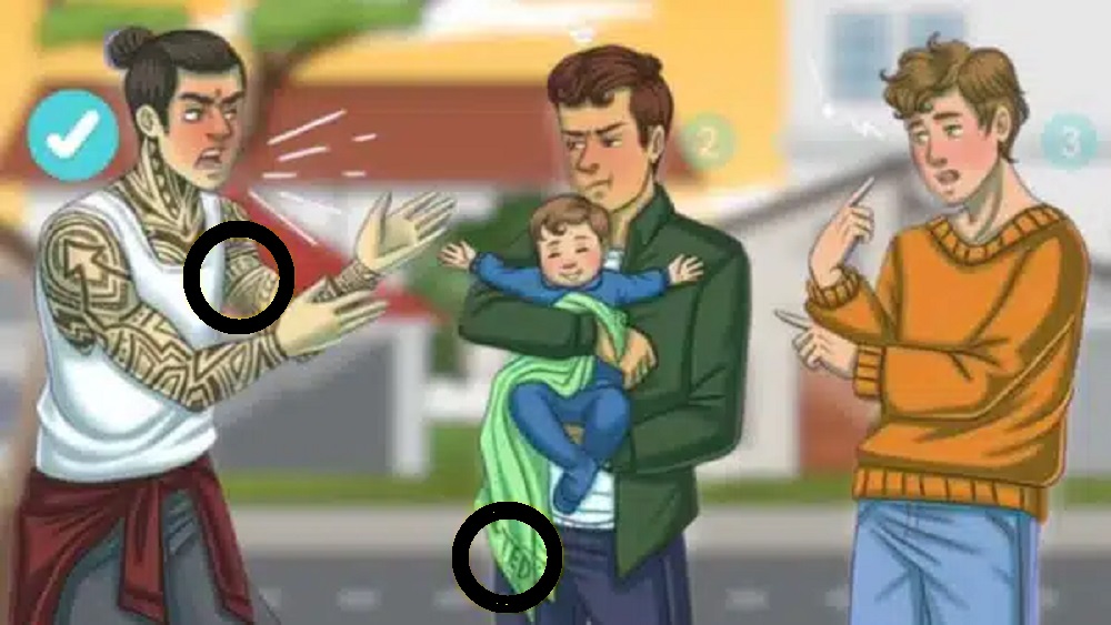Três homens discutindo sobre a paternidade de um bebê sorridente em um desafio lógico visual. Solução!