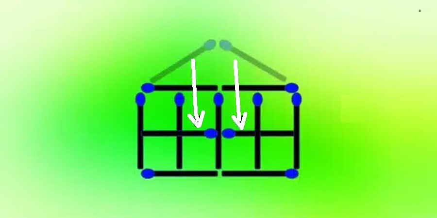 Solução do desafio lógico de um desenho feito com palitos de fósforo formando a silhueta de uma casa com colunas, sobre fundo verde..