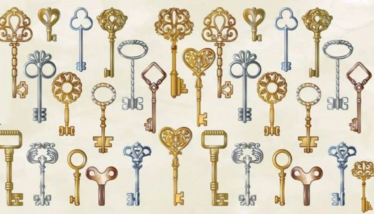 Desafio lógico com ilustração de várias chaves antigas e decorativas em estilos dourado e prateado.