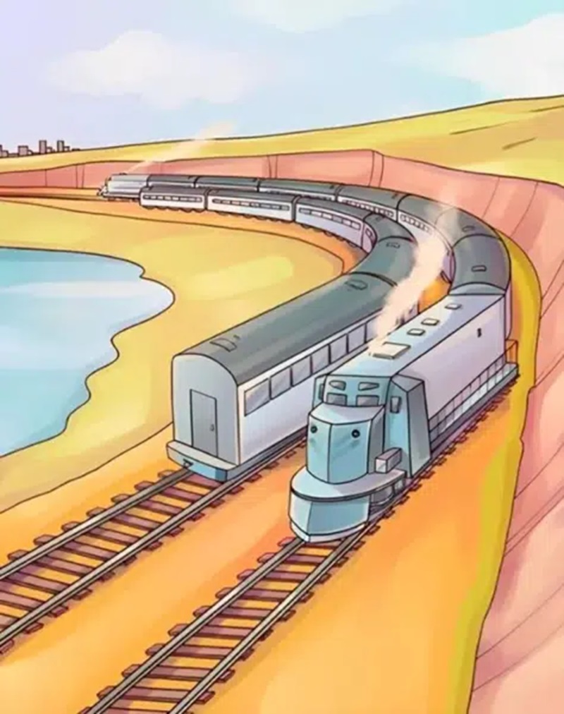 Ilustração de um trem moderno viajando em trilhos sinuosos à beira do mar.