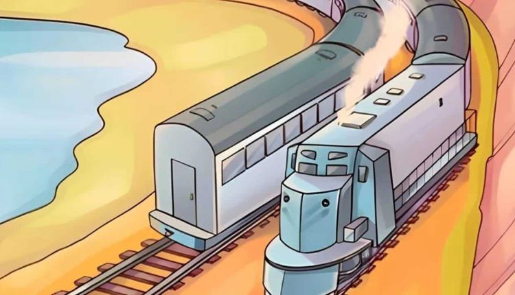 Desafio lógico de um trem moderno viajando em trilhos sinuosos à beira do mar.