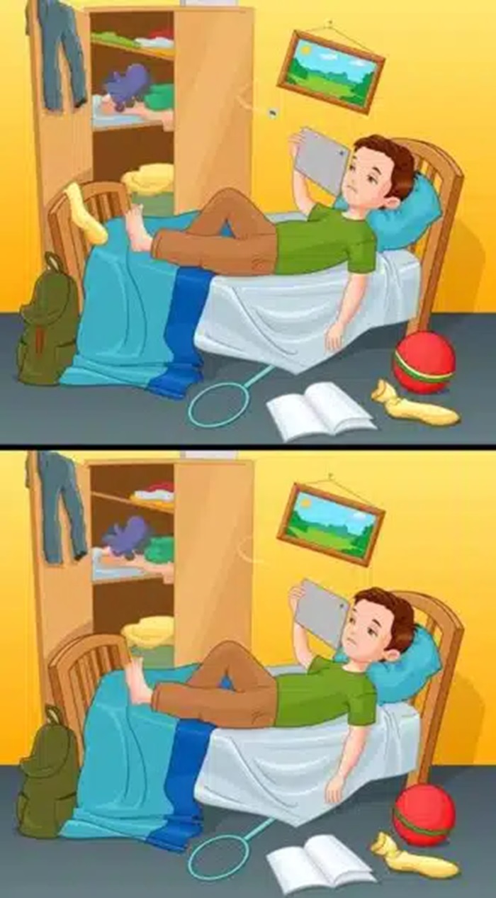 Imagem com duas versões de um quarto de criança, mostrando uma comparação de diferenças no ambiente.