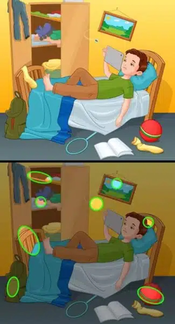 Solução do desafio visual com duas versões de um quarto de criança, mostrando uma comparação de diferenças no ambiente.