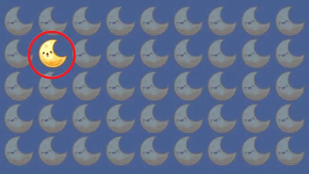 Solução para o desafio visual com várias luas sorridentes em padrão repetido sobre fundo azul, com uma diferente das demais.