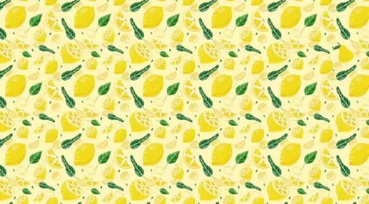 Desafio visual com padrão de frutas com limões e folhas sobre fundo amarelo com uma Pera escondida.