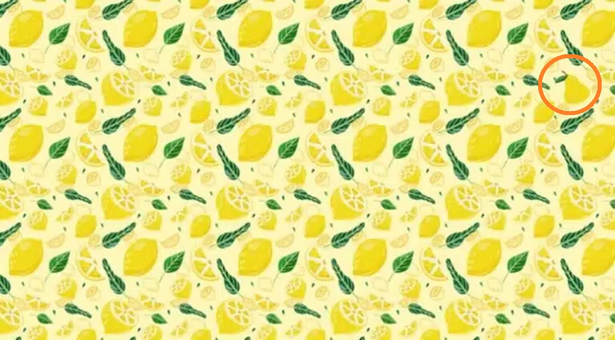 Solução do desafio visual com padrão de frutas com limões e folhas sobre fundo amarelo com uma Pera escondida.