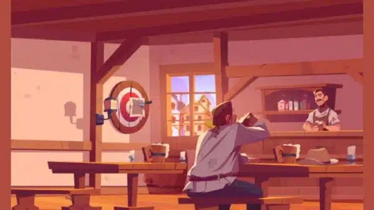Homem tomando bebida em taverna rústica enquanto barman observa, com alvo e facas ao fundo.