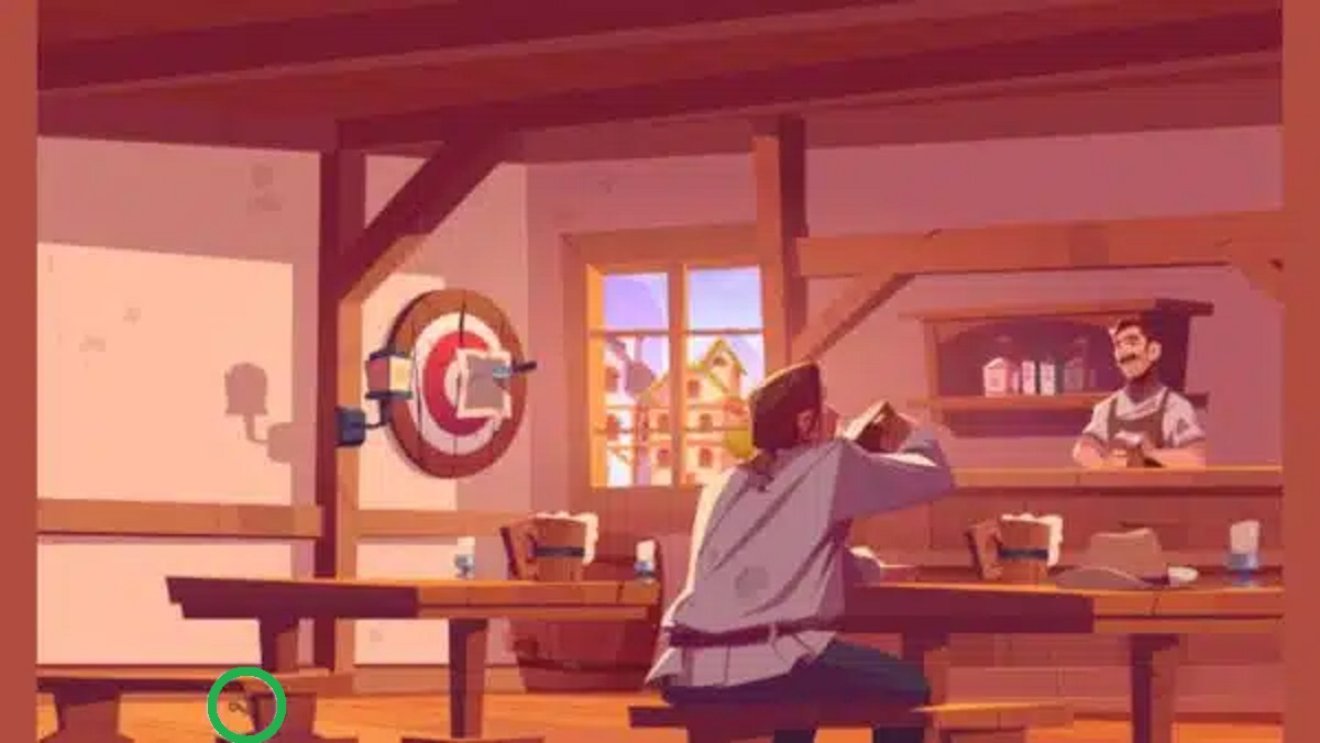 Desafio visual com um homem tomando bebida em taverna rústica enquanto barman observa, com alvo e facas ao fundo.