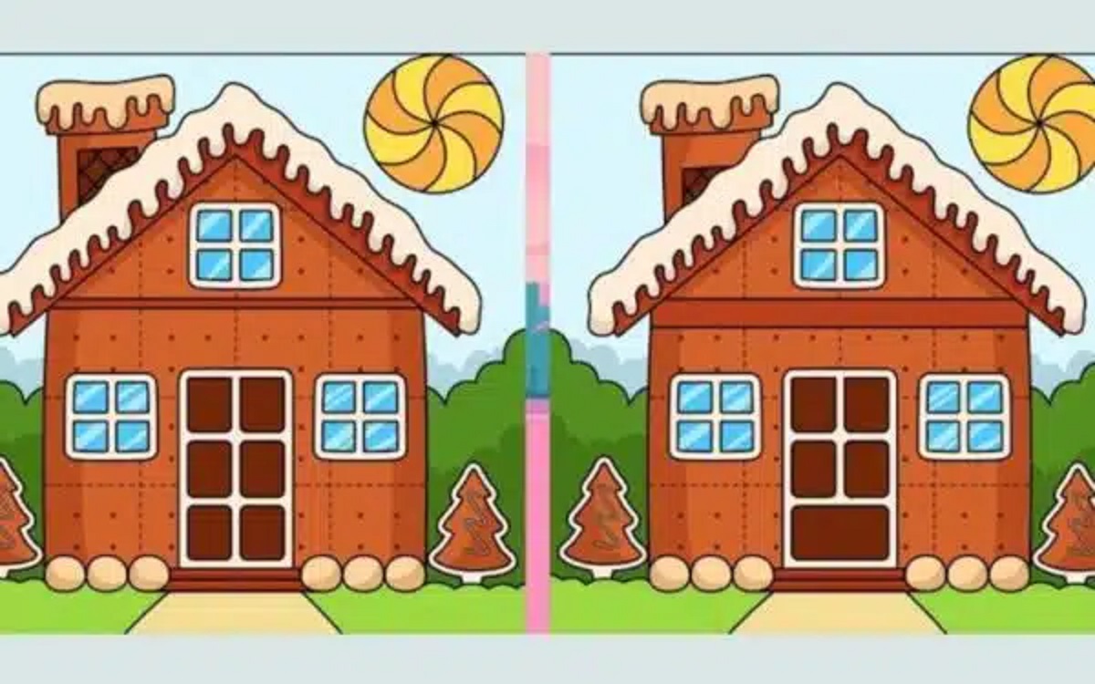 Imagem de duas casas de biscoito lado a lado com pequenas diferenças visuais.