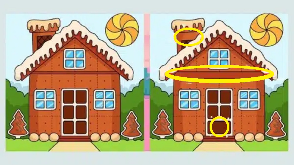 Solução do dsafio visual com imagem de duas casas de biscoito lado a lado com pequenas diferenças visuais.