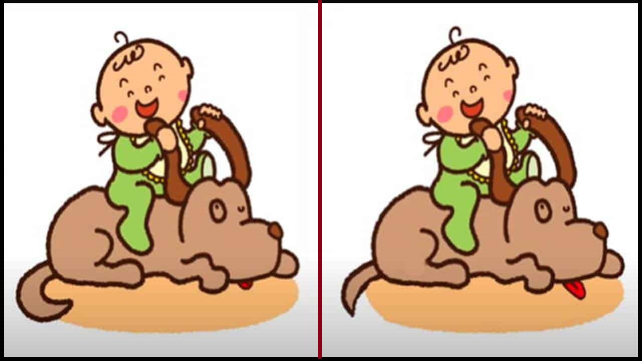 Ilustração de um menino sorridente montado em um cachorro, com diferenças sutis entre as duas imagens.