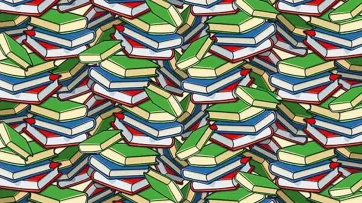Imagem de um desafio visual mostrando pilhas de livros coloridos, com um lápis escondido entre as páginas.