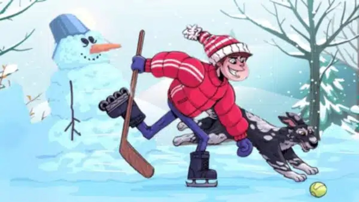 Ilustração de uma criança patinando no gelo, com um cachorro brincando e um boneco de neve.