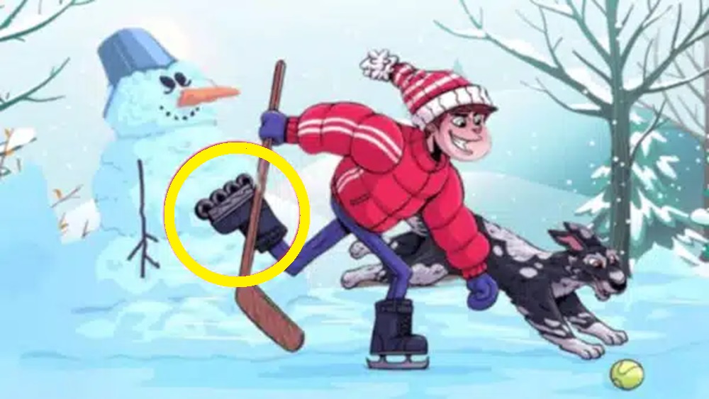 Solução do desafio lógico com uma ilustração de uma criança patinando no gelo, com um cachorro brincando e um boneco de neve.