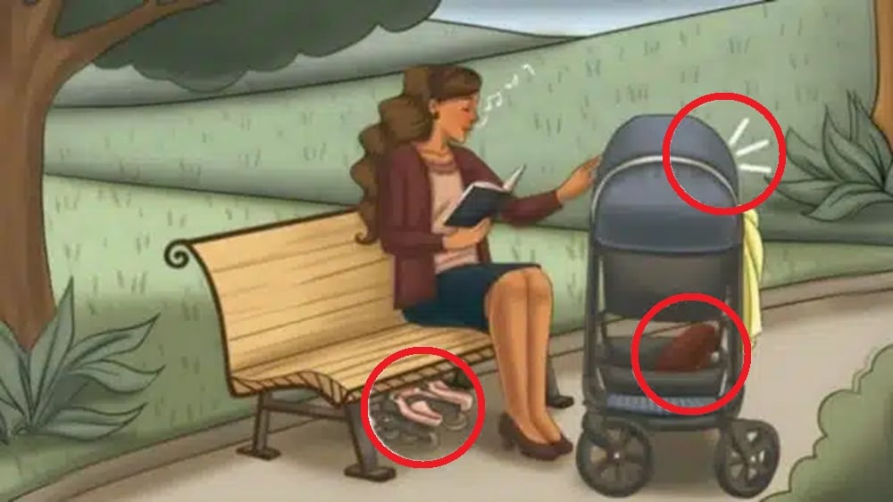 Solução do desafio visual com uma mulher sentada em um banco lendo livro com carrinho de bebê ao lado